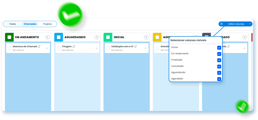 Quadro Kanban da plataforma SNDesk